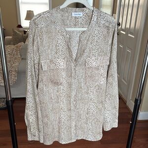 Calvin Klein White Brown Long Sleeve Blouse
